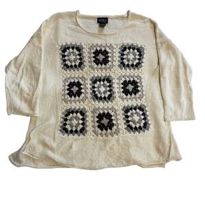 Akira Crochet Knit Casual Sweater Boho Tunic Top 3/4‎ Sleeve Cream Blue Gray L